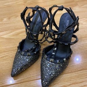 BCBGeneration black glitter ankle strap pumps